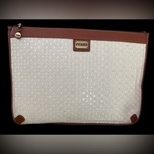 Vintage GIANFRANCO FERRE GFF Genuine Leather Wicker Ivory Brown Clutch Purse